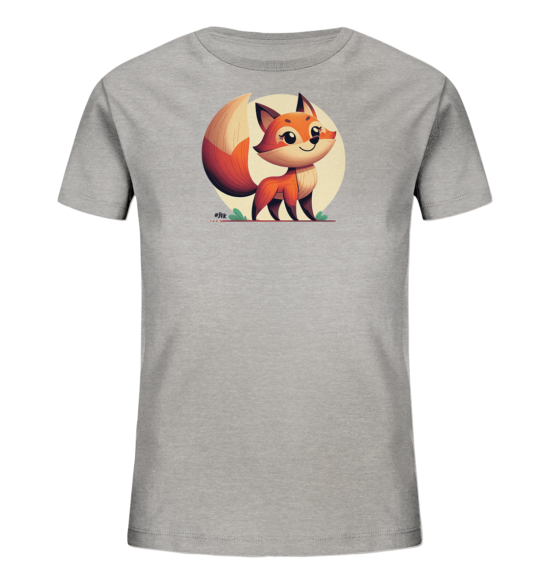 Onlineshop Shirts fuer Kinder - Das Bild zeigt ein graues Kinder-T-Shirt mit einer niedlichen Illustration eines Fuchses auf der Vorderseite. Der Fuchs ist im Comic-Stil gezeichnet und hat leuchtend orangefarbenes Fell mit einem grossen buschigen Schwanz. Das Motiv platziert den Fuchs auf einer gruenen Flaeche vor einem hellgelben Kreis. Es ist ein froehliches und ansprechendes Design.