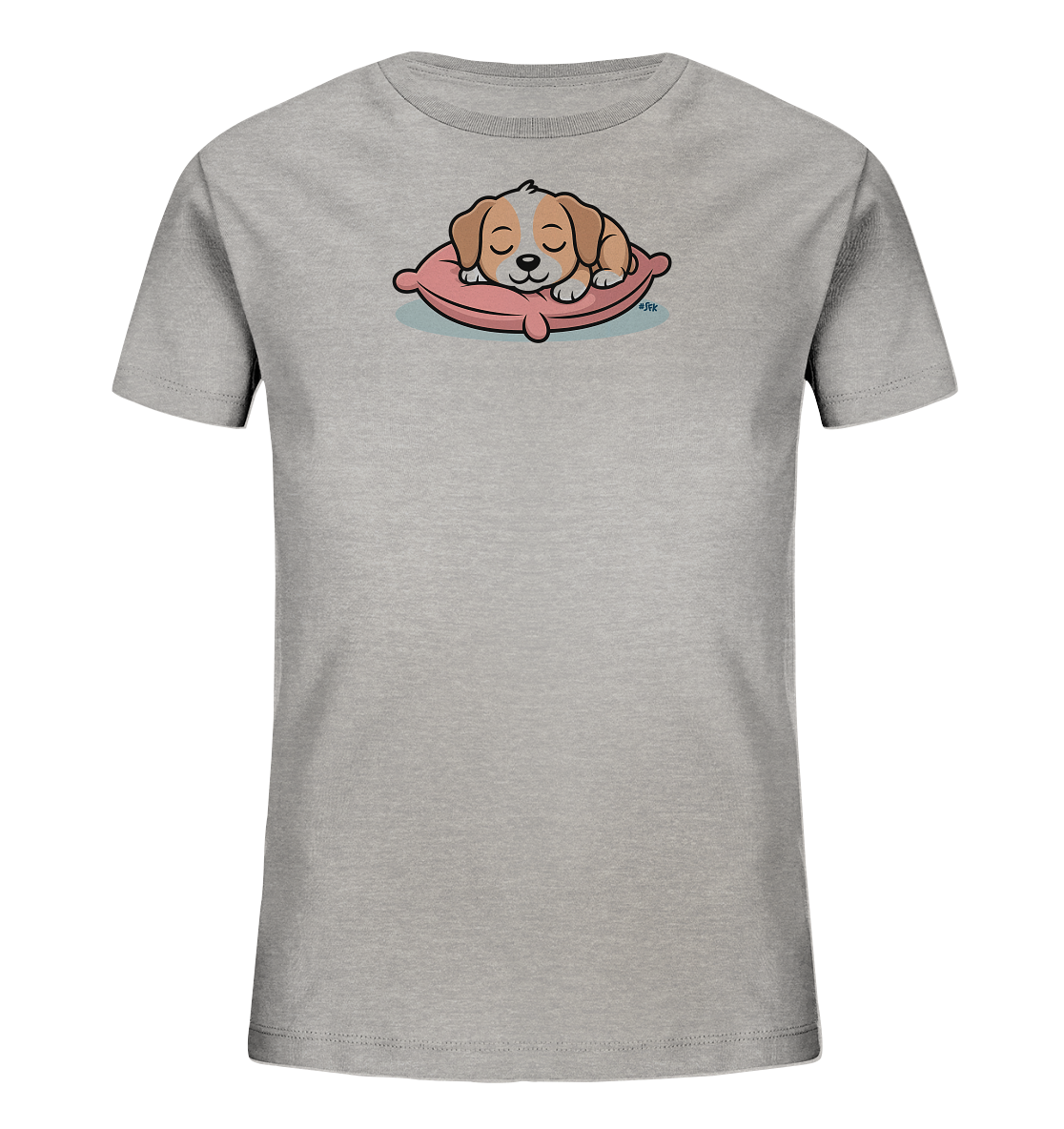 Onlineshop Shirts fuer Kinder - Das Bild zeigt ein hellgraues Kinder-T-Shirt vor schwarzem Hintergrund. Auf der Brust ist ein niedlicher Cartoon-Welpe abgebildet, der friedlich auf einem rosafarbenen Kissen schlaeft. Das Design ist schlicht und fokussiert auf das zentrale Tiermotiv, das braune und weisse Fellfarben sowie geschlossene Augen hat. Der Welpe liegt auf einem leicht blaeulich umrandeten Kissen, was eine ruhige Szene darstellt.