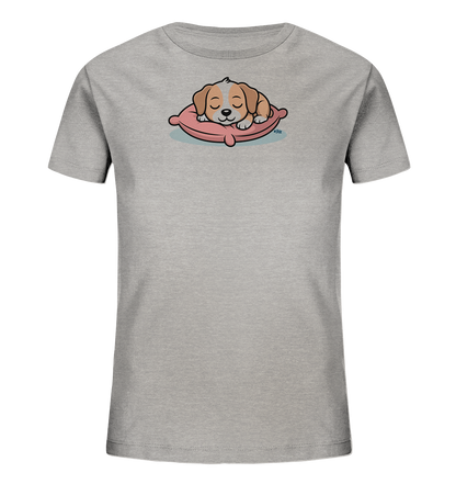 Onlineshop Shirts fuer Kinder - Das Bild zeigt ein hellgraues Kinder-T-Shirt vor schwarzem Hintergrund. Auf der Brust ist ein niedlicher Cartoon-Welpe abgebildet, der friedlich auf einem rosafarbenen Kissen schlaeft. Das Design ist schlicht und fokussiert auf das zentrale Tiermotiv, das braune und weisse Fellfarben sowie geschlossene Augen hat. Der Welpe liegt auf einem leicht blaeulich umrandeten Kissen, was eine ruhige Szene darstellt.