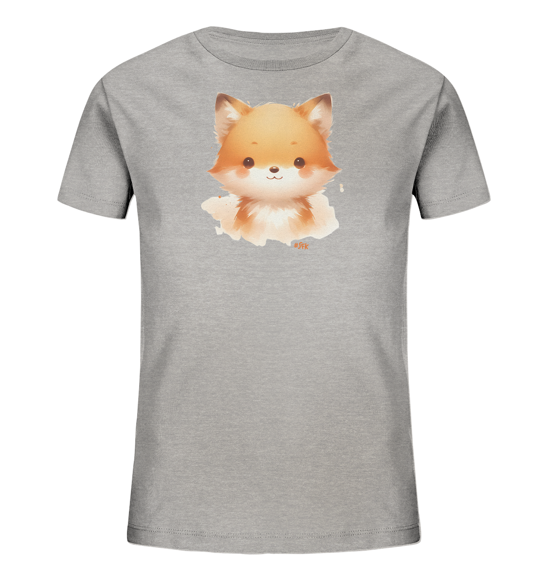 Onlineshop Shirts fuer Kinder - Das Bild zeigt ein hellgraues T-Shirt fuer Kinder. Auf der Vorderseite ist das entzueckende Gesicht eines Fuchses abgebildet, dargestellt in einem sanften, aquarellartigen Stil. Der Fuchs hat orangefarbenes Fell, spitze Ohren und ein freundliches Laecheln. Dieses Motiv verleiht dem Shirt einen verspielten und ansprechenden Look fuer Kinder.