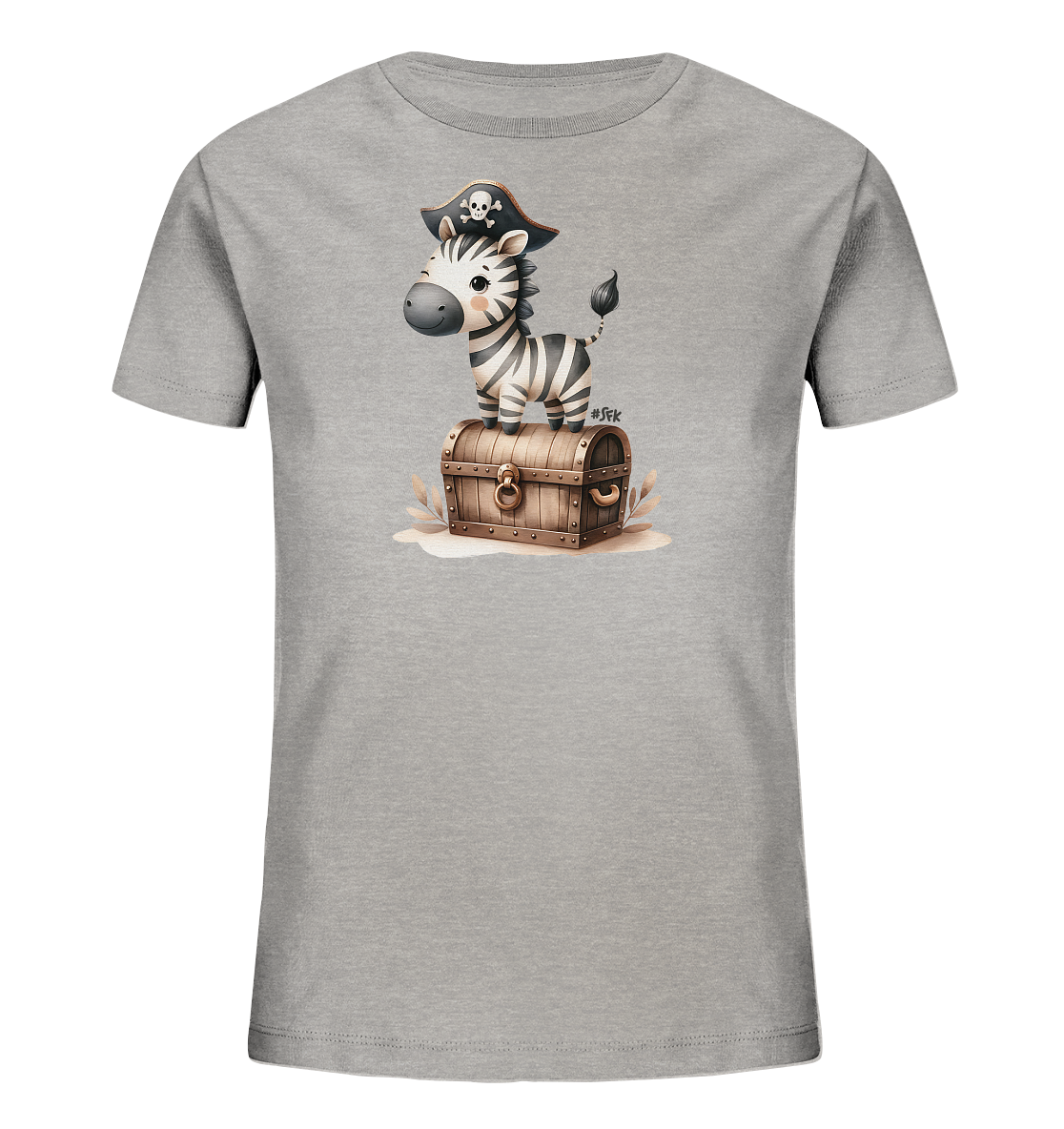 Onlineshop Shirts fuer Kinder - Das graue T-Shirt fuer Kinder zeigt ein niedliches Zebra im Piraten-Look, das auf einer Schatztruhe steht. Das verspielte Cartoon-Motiv ist detailliert gestaltet und auf der Vorderseite des Shirts platziert.