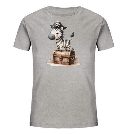 Onlineshop Shirts fuer Kinder - Das graue T-Shirt fuer Kinder zeigt ein niedliches Zebra im Piraten-Look, das auf einer Schatztruhe steht. Das verspielte Cartoon-Motiv ist detailliert gestaltet und auf der Vorderseite des Shirts platziert.
