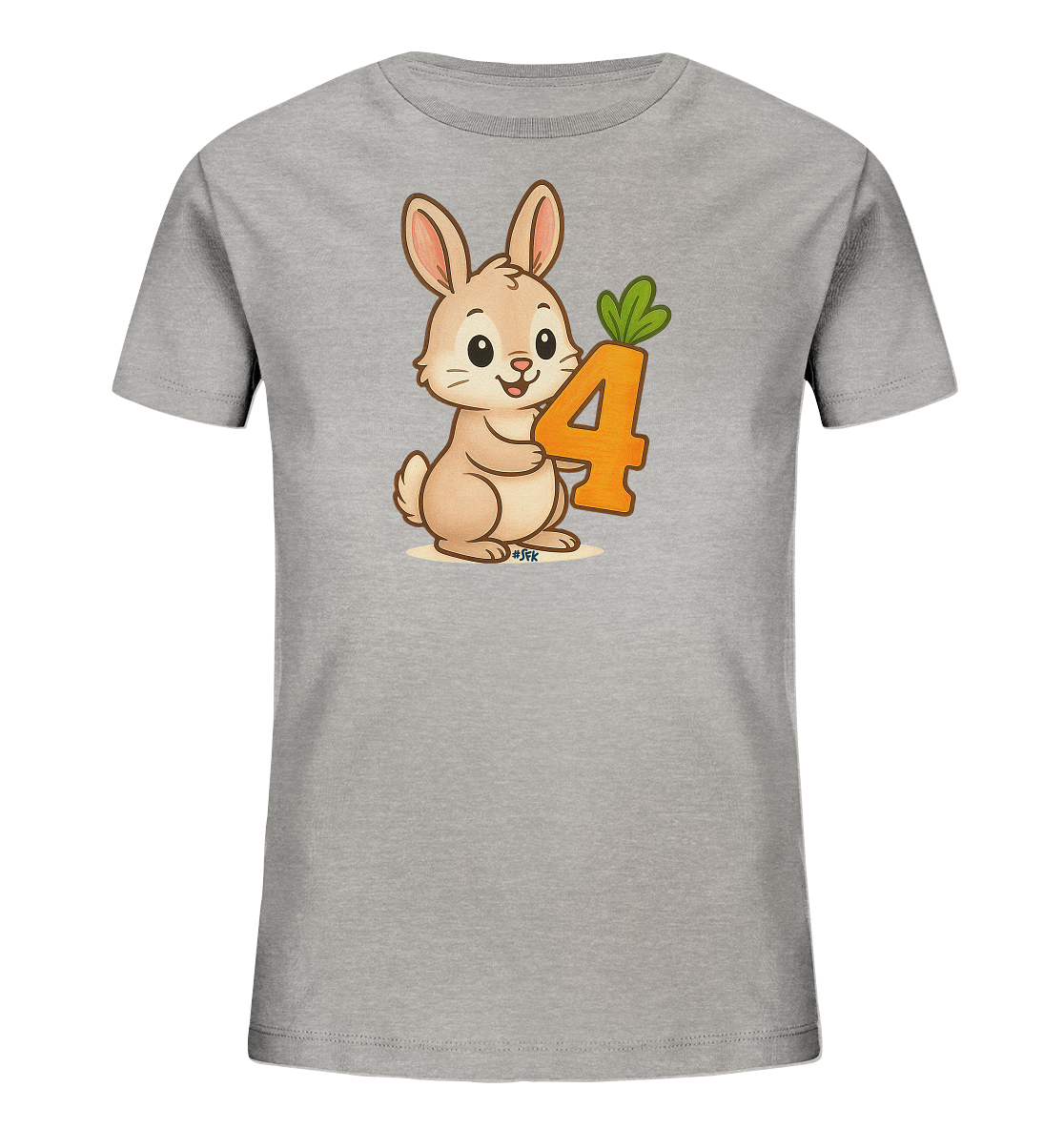 Onlineshop Shirts fuer Kinder - Dieses graue T-Shirt fuer Kinder zeigt eine niedliche Illustration eines braunen Hasen auf der Vorderseite. Der Hase haelt die orangefarbene Zahl 4, welche mit einem gruenen Karottengruen versehen ist. Das froehliche Design ist farbenfroh und ansprechend fuer Kinder.