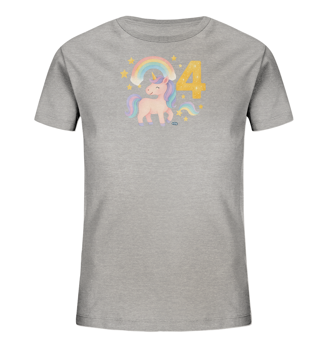 Onlineshop Shirts fuer Kinder - Das Bild zeigt ein graues Kinder-T-Shirt mit einem farbenfrohen Aufdruck auf der Vorderseite. Im Zentrum des Designs befindet sich ein niedliches Einhorn mit bunter Maehne neben der grossen Zahl Vier in glitzerndem Gelb. Ein pastellfarbener Regenbogen woelbt sich ueber dem Einhorn, ergaenzt durch leuchtende Sterne. Das Motiv ist verspielt und magisch gestaltet.
