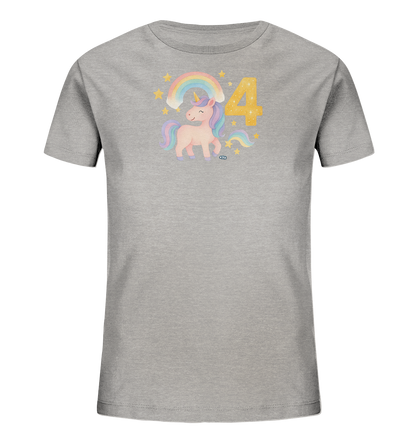 Onlineshop Shirts fuer Kinder - Das Bild zeigt ein graues Kinder-T-Shirt mit einem farbenfrohen Aufdruck auf der Vorderseite. Im Zentrum des Designs befindet sich ein niedliches Einhorn mit bunter Maehne neben der grossen Zahl Vier in glitzerndem Gelb. Ein pastellfarbener Regenbogen woelbt sich ueber dem Einhorn, ergaenzt durch leuchtende Sterne. Das Motiv ist verspielt und magisch gestaltet.