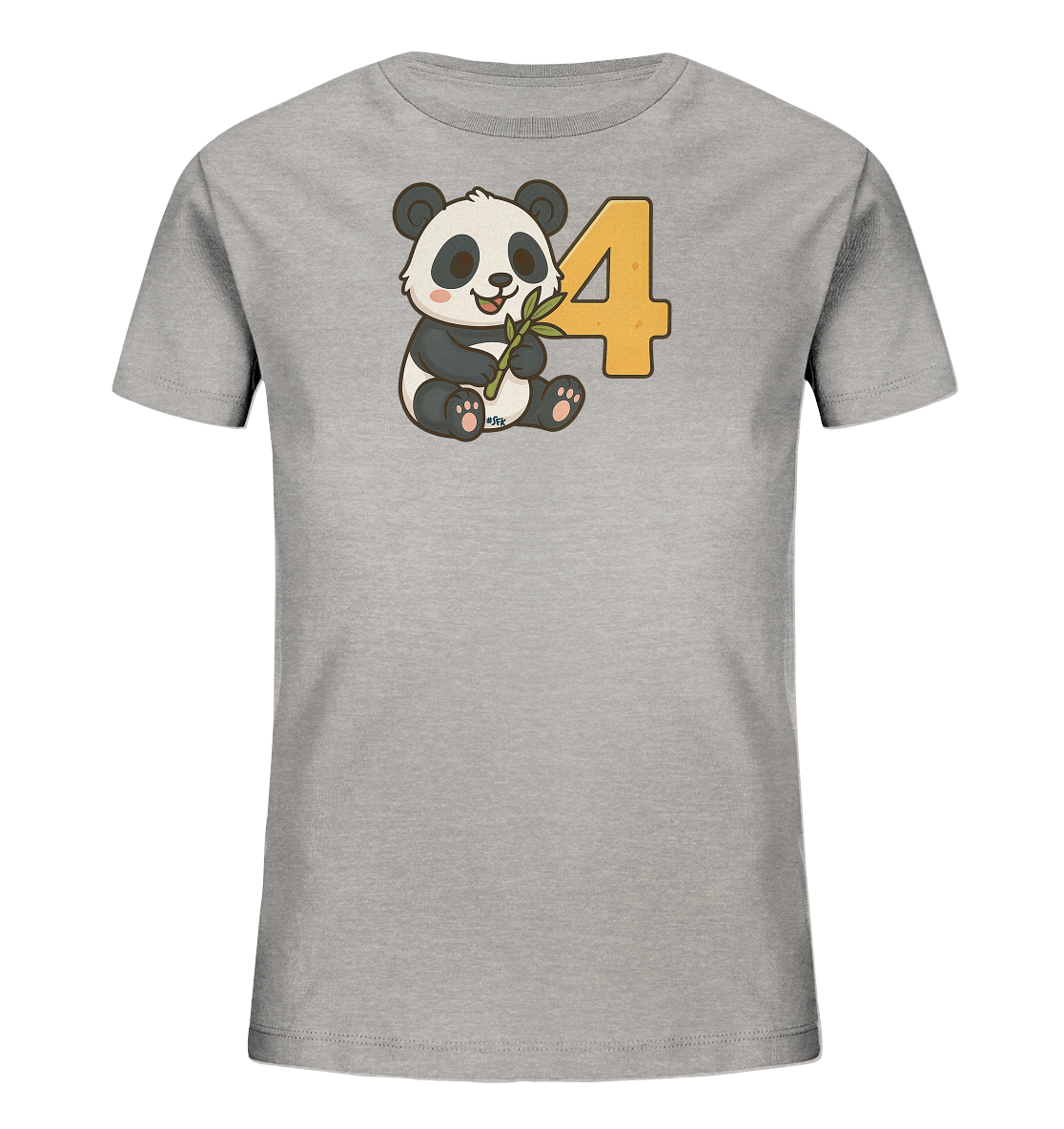 Onlineshop Shirts fuer Kinder - Das Bild zeigt ein graues Kinder T-Shirt mit einem niedlichen Panda-Motiv auf der Vorderseite. Der Panda sitzt und haelt einen Bambuszweig. Neben dem Panda ist die grosse, orangefarbene Zahl '4' abgebildet. Das Design wirkt froehlich und verspielt.