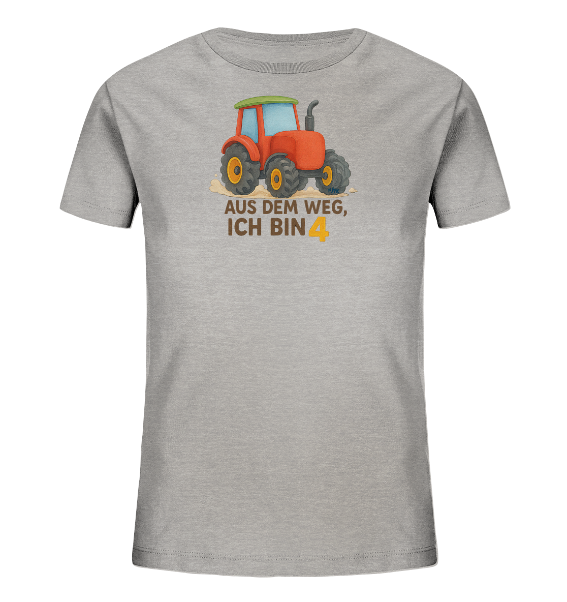 Onlineshop Shirts fuer Kinder - Das Bild zeigt ein hellgraues Kinder-T-Shirt. Auf der Vorderseite ist eine Illustration eines roten Traktors abgebildet, der auf einem beigefarbenen Untergrund steht. Darunter steht der Text "AUS DEM WEG, ICH BIN 4", wobei die Zahl 4 orange hervorgehoben ist. Das Design ist lustig und kindgerecht, besonders fuer kleine Traktor-Fans.