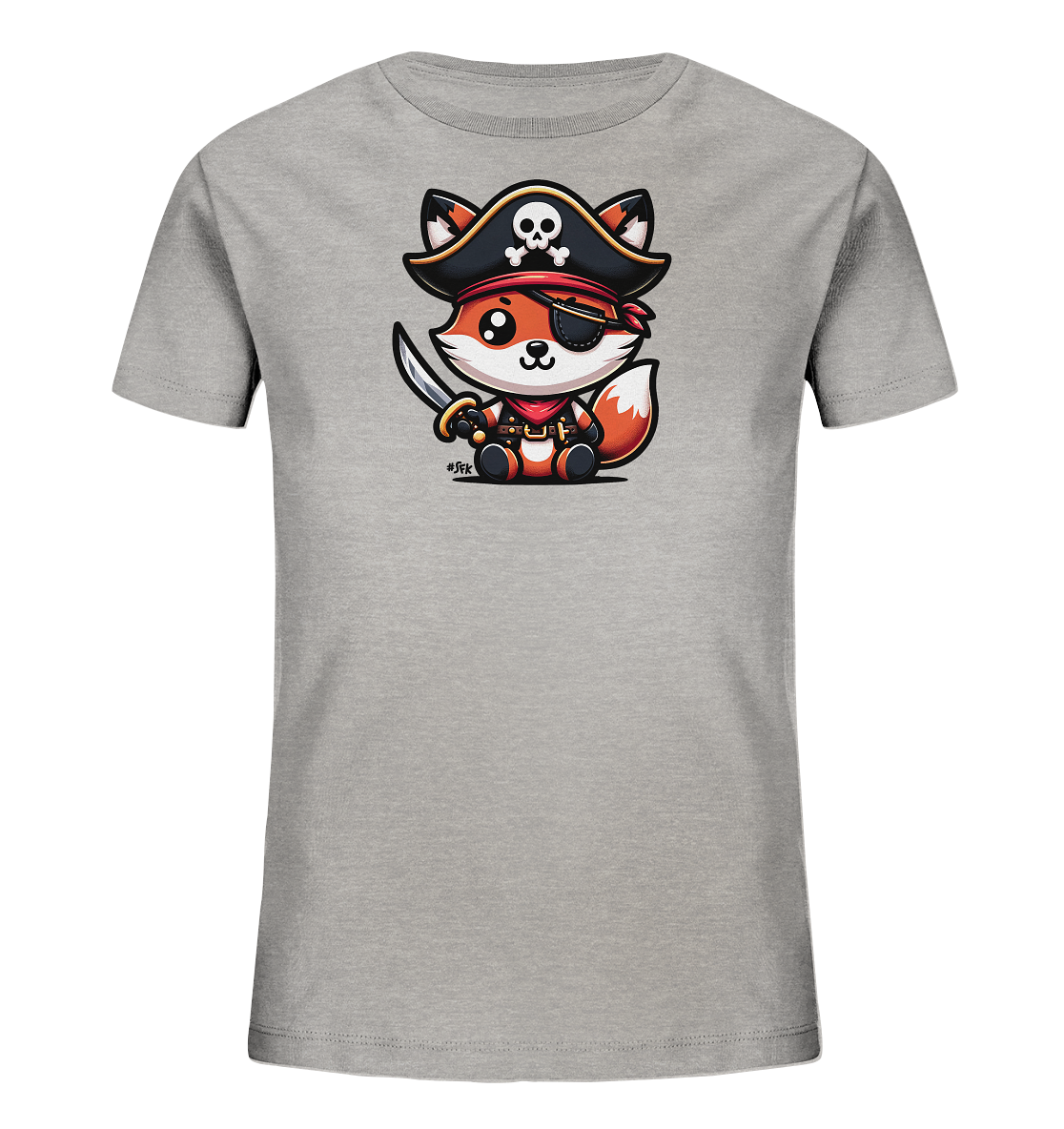 Onlineshop Shirts fuer Kinder - Das Bild zeigt ein graues T-Shirt mit einem Aufdruck eines suessen, cartoonhaften Fuchses. Der Fuchs ist als Pirat verkleidet, traegt einen Hut mit Totenkopf, eine Augenklappe und haelt einen kleinen Saebel. Dieses Design verleiht dem Shirt einen verspielten Abenteuer-Look fuer Kinder.