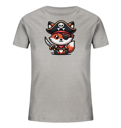 Onlineshop Shirts fuer Kinder - Das Bild zeigt ein graues T-Shirt mit einem Aufdruck eines suessen, cartoonhaften Fuchses. Der Fuchs ist als Pirat verkleidet, traegt einen Hut mit Totenkopf, eine Augenklappe und haelt einen kleinen Saebel. Dieses Design verleiht dem Shirt einen verspielten Abenteuer-Look fuer Kinder.