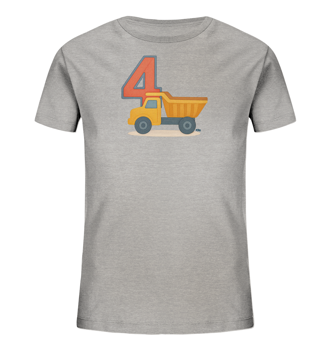 Onlineshop Shirts fuer Kinder - Das Bild zeigt ein hellgraues T-Shirt fuer Kinder. Auf der Vorderseite ist eine Grafik zu sehen, die eine grosse, orangefarbene Zahl '4' kombiniert mit der Illustration eines gelben Muldenkippers. Das Motiv ist klar und farblich ansprechend gestaltet. Das Design ist verspielt und fokussiert auf die Zahl und das Fahrzeug.