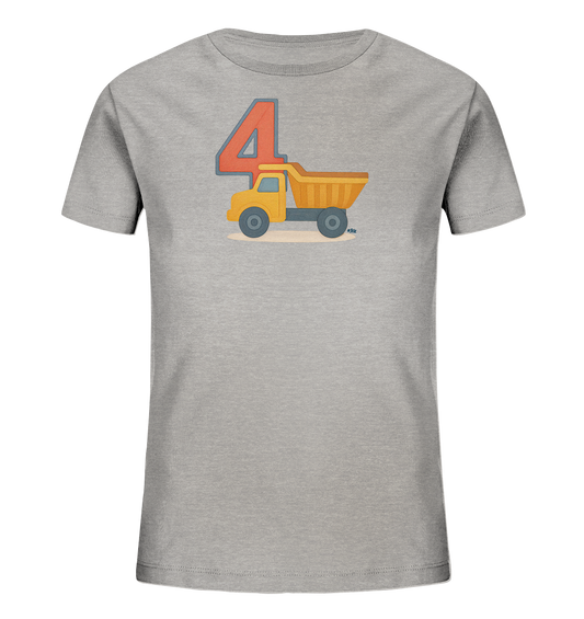 Onlineshop Shirts fuer Kinder - Das Bild zeigt ein hellgraues T-Shirt fuer Kinder. Auf der Vorderseite ist eine Grafik zu sehen, die eine grosse, orangefarbene Zahl '4' kombiniert mit der Illustration eines gelben Muldenkippers. Das Motiv ist klar und farblich ansprechend gestaltet. Das Design ist verspielt und fokussiert auf die Zahl und das Fahrzeug.