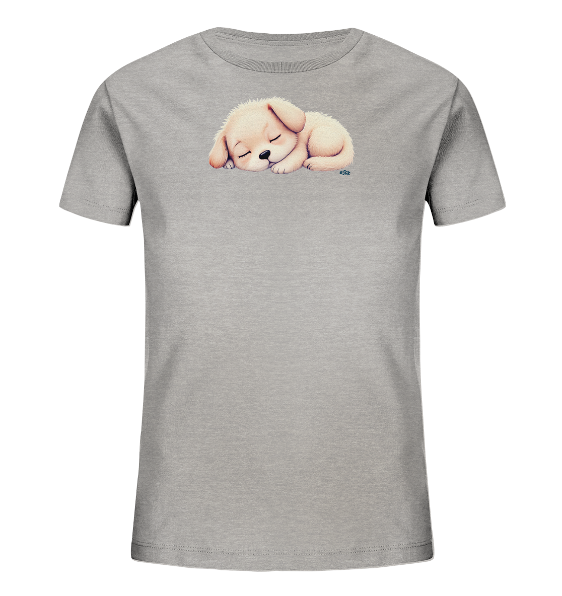 Onlineshop Shirts fuer Kinder - Das Bild zeigt ein graues Kinder-T-Shirt mit einem bezaubernden Motiv eines schlafenden Welpen. Der Welpe ist beige gefaerbt und liegt friedlich zusammengerollt auf der Vorderseite des Shirts. Das Design wirkt beruhigend und suess. Es ist ein schlichtes und ansprechendes Motiv fuer Kinder.