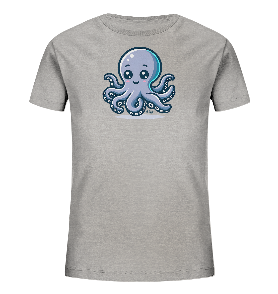 Onlineshop Shirts fuer Kinder - Auf diesem grauen T-Shirt ist ein niedlicher Cartoon-Oktopus abgebildet. Er ist in Blau- und Lilatoenen gestaltet, hat grosse Augen, rosafarbene Wangen und zeigt seine acht Tentakel mit Saugnaepfen. Der Oktopus sitzt zentral auf einer hellen Flaeche. Ein freundliches und verspieltes Design.