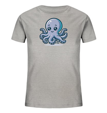 Onlineshop Shirts fuer Kinder - Auf diesem grauen T-Shirt ist ein niedlicher Cartoon-Oktopus abgebildet. Er ist in Blau- und Lilatoenen gestaltet, hat grosse Augen, rosafarbene Wangen und zeigt seine acht Tentakel mit Saugnaepfen. Der Oktopus sitzt zentral auf einer hellen Flaeche. Ein freundliches und verspieltes Design.