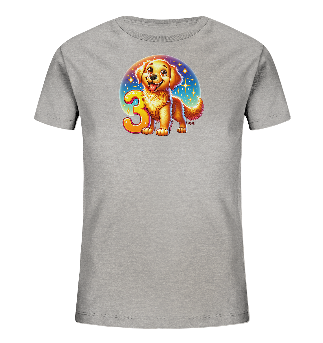 Onlineshop Shirts fuer Kinder - Das Bild zeigt ein graues Kinder-T-Shirt mit einem froehlichen Druck auf der Vorderseite. Der Druck zeigt einen niedlichen Cartoon-Welpen neben der leuchtenden Zahl Drei. Dahinter ist ein runder Hintergrund mit einem Nachthimmel und vielen funkelnden Sternen zu sehen. Das Design wirkt verspielt und farbenfroh.