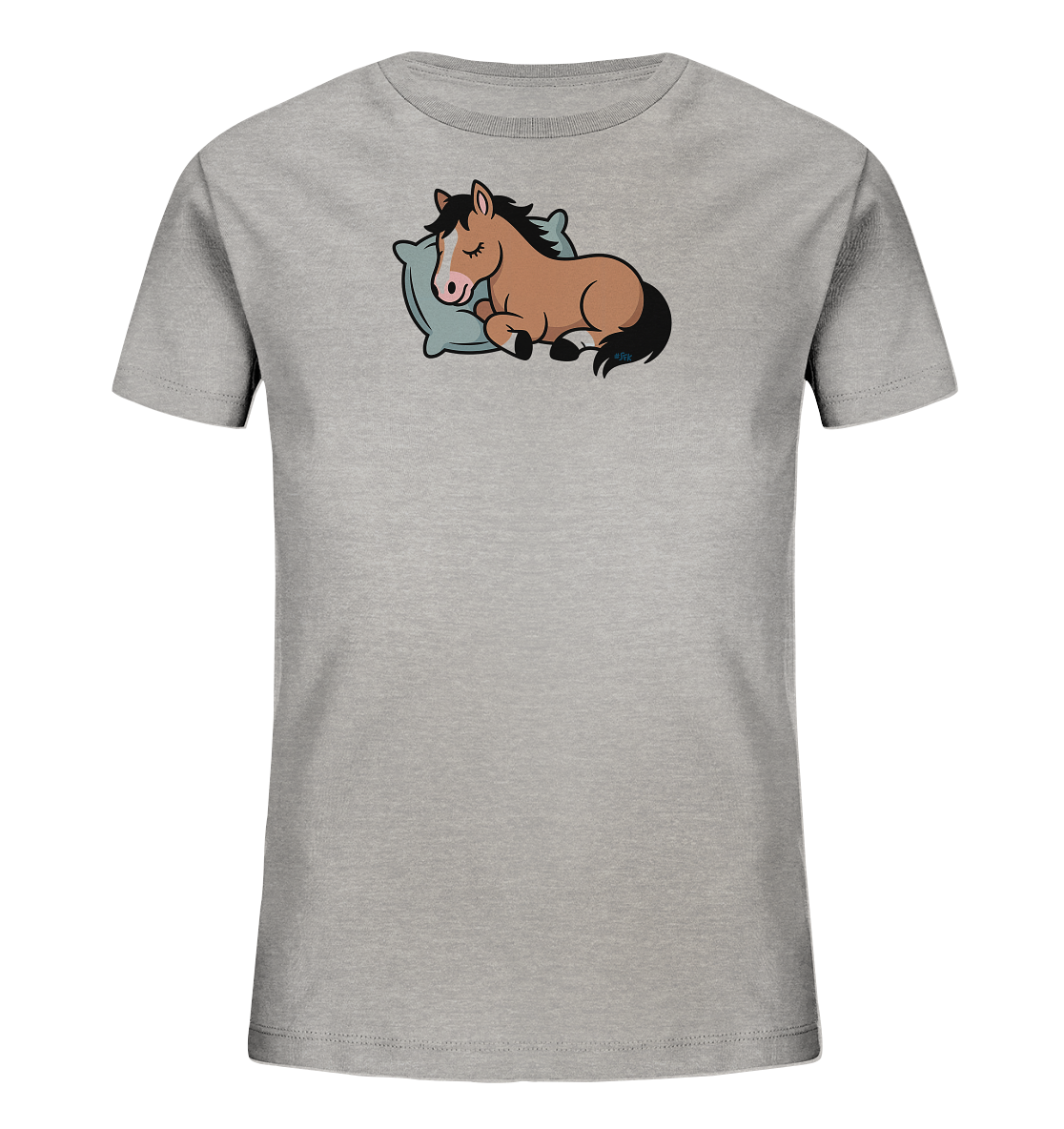 Onlineshop Shirts fuer Kinder - Das Bild zeigt ein graues T-Shirt fuer Kinder mit einem niedlichen Motiv eines schlafenden Pferdes auf der Vorderseite. Das braune Pferd liegt friedlich auf einem hellblauen Kissen, die Augen sind geschlossen. Die Gestaltung ist verspielt und freundlich, mit dunkler Maehne und Schweif. Das schlichte Shirt lenkt den Blick auf das charmante Design.