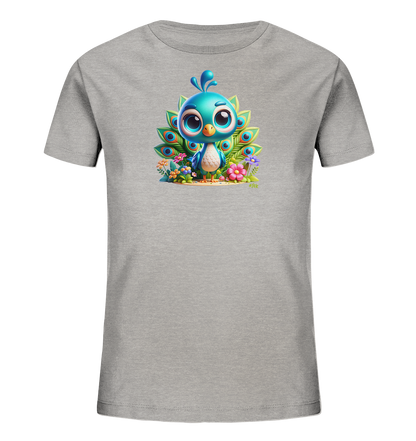 Onlineshop Shirts fuer Kinder - Das Bild zeigt ein hellgraues Kinder T-Shirt mit einem zentralen Motiv eines suessen, cartoonhaften blauen Vogels. Hinter dem Vogel sind gruene Blaetter angeordnet, die wie Pfauenfedern aussehen, und davor bunte Blumen. Das Design ist farbenfroh und verspielt, ideal fuer Kinder.
