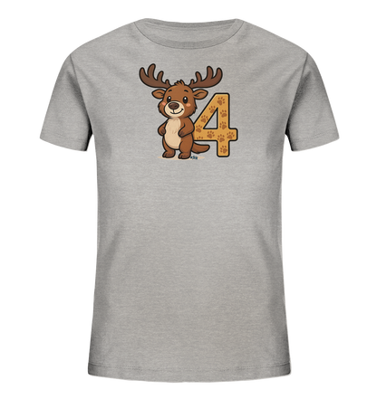 Onlineshop Shirts fuer Kinder - Das Bild zeigt ein graues Kinder-T-Shirt mit einem Aufdruck auf der Vorderseite. Zu sehen ist ein laechelndes Cartoon-Reh mit Geweih, das neben der grossen Zahl '4' steht. Die Zahl ist auffaellig gestaltet und mit einem Muster aus kleinen Pfotenabdruecken verziert. Das gesamte Design wirkt freundlich und verspielt.