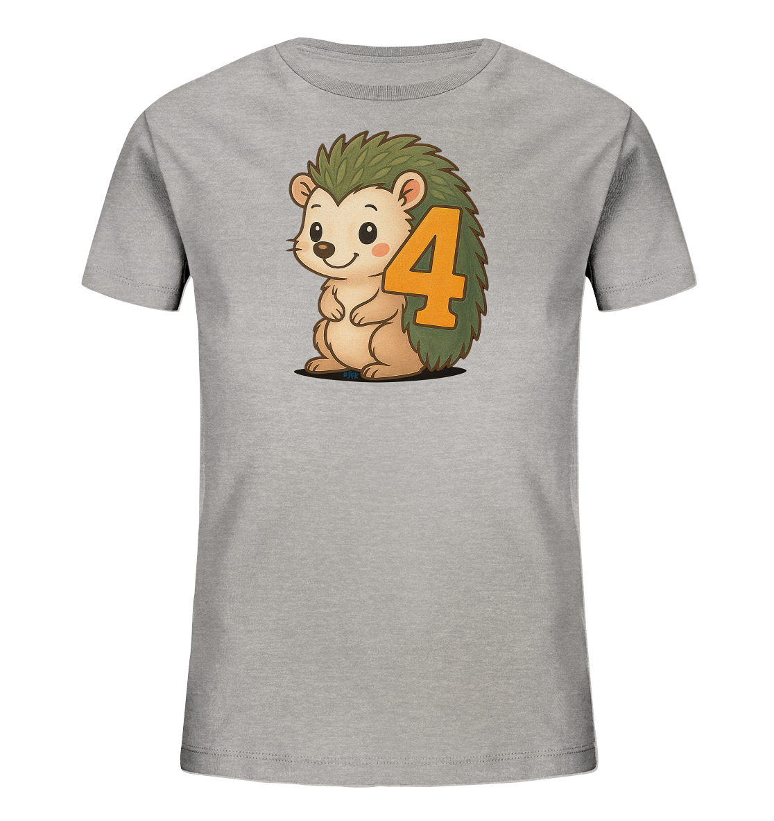 Onlineshop Shirts fuer Kinder - Das Bild zeigt ein hellgraues Kinder-T-Shirt mit einer niedlichen, cartoonhaften Illustration auf der Vorderseite. Im Zentrum des Designs befindet sich ein lachender Igel mit gruenen Stacheln. Auf dem Ruecken des Igels ist die leuchtend orangefarbene Zahl "4" platziert. Der Igel sitzt aufrecht und hat ein freundliches Aussehen.