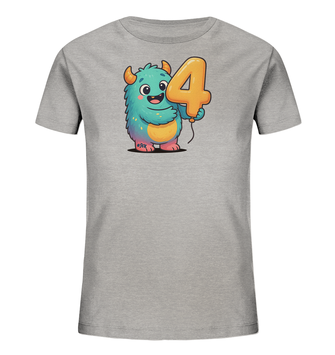 Onlineshop Shirts fuer Kinder - Das Bild zeigt ein graues Kinder-T-Shirt. Auf der Vorderseite ist ein farbenfrohes Cartoon-Monster abgebildet. Das Monster haelt einen orangefarbenen Ballon in Form der Zahl 4. Es hat ein freundliches Laecheln und bunte Fellpartien.