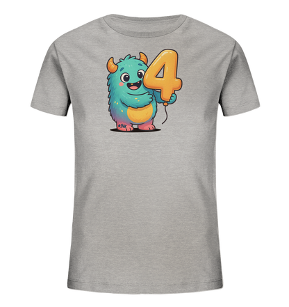 Onlineshop Shirts fuer Kinder - Das Bild zeigt ein graues Kinder-T-Shirt. Auf der Vorderseite ist ein farbenfrohes Cartoon-Monster abgebildet. Das Monster haelt einen orangefarbenen Ballon in Form der Zahl 4. Es hat ein freundliches Laecheln und bunte Fellpartien.