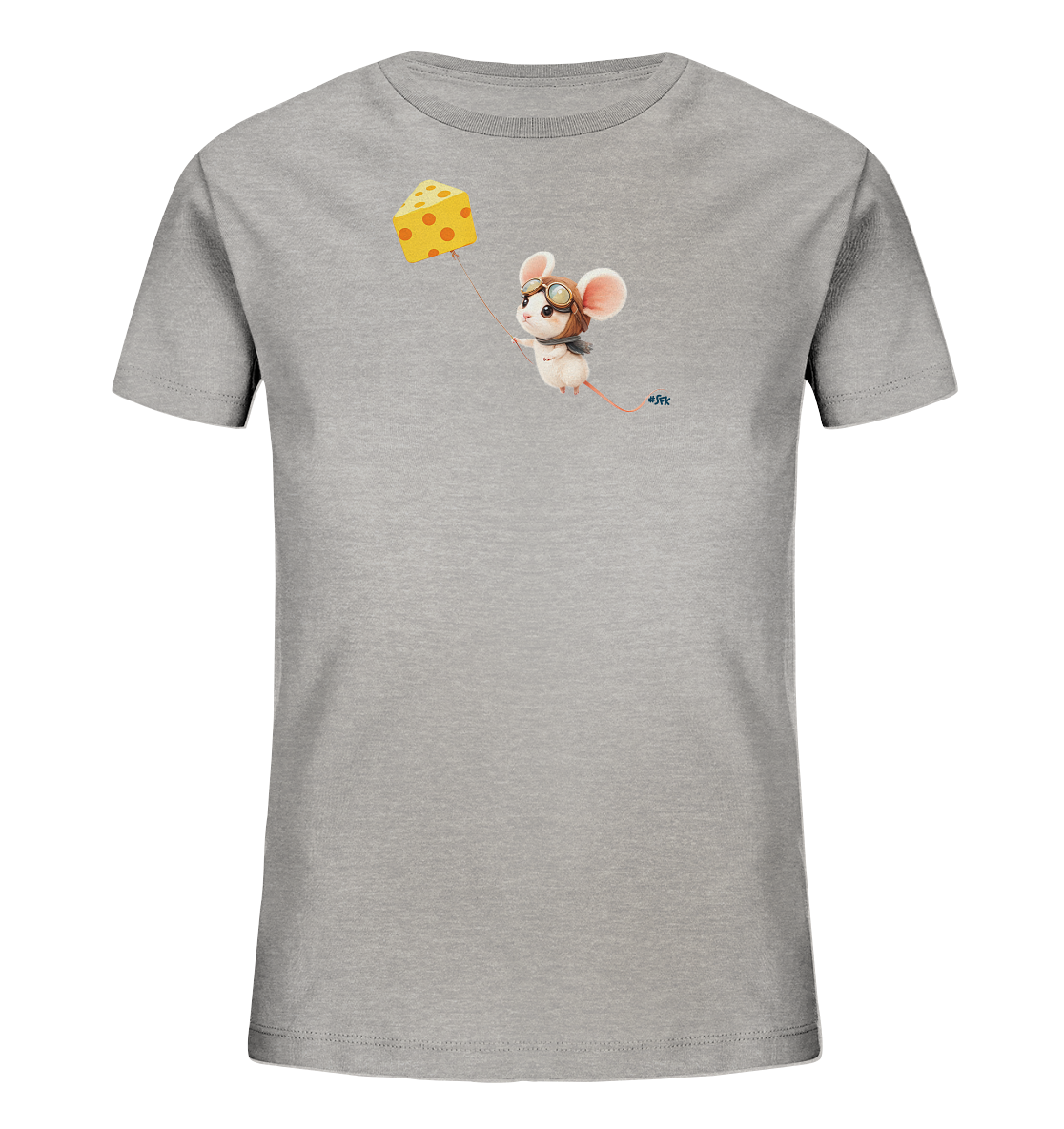 Onlineshop Shirts fuer Kinder - Das Bild zeigt ein graues T-Shirt fuer Kinder. Auf der Vorderseite ist eine suesse, cartoonhafte Maus mit Fliegerbrille und Muetze abgebildet. Die Maus schwebt und haelt einen gelben Kaese fest, der wie ein Ballon oder Drachen wirkt. Das verspielte Motiv verleiht dem Shirt einen abenteuerlichen Charakter.