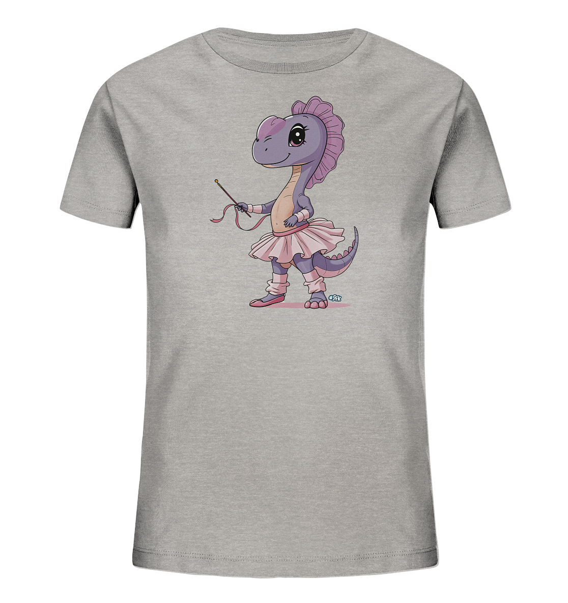 Onlineshop Shirts fuer Kinder - Das Bild zeigt ein graues Kinder-T-Shirt. Auf der Vorderseite ist ein suesser, cartoonartiger lila Dinosaurier als Ballerina abgebildet. Er traegt ein rosa Tutu, Stulpen und Spitzenschuhe und haelt einen Zauberstab mit Band. Der Dinosaurier hat einen freundlichen Ausdruck und eine rosa Maehne, was dem Kleidungsstueck eine verspielte Note verleiht.