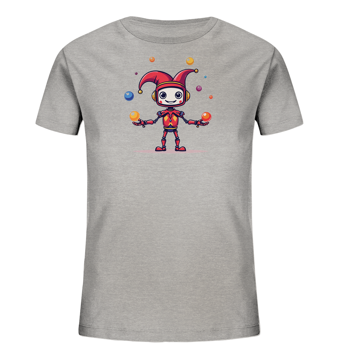 Onlineshop Shirts für Kinder - Das Bild zeigt ein hellgraues Kinder-T-Shirt mit einem auffälligen Druck auf der Vorderseite. Der Druck stellt einen lustigen, cartoonartigen Roboter dar, der als Hofnarr verkleidet ist. Der Roboter trägt eine rote Mütze mit gelben Bommeln und ein rotes Outfit mit gelben Details und jongliert mit mehreren bunten Bällen in verschiedenen Farben wie Orange, Blau und Gelb. Das Design wirkt fröhlich und verspielt, ideal für Kinder, die Roboter und lustige Motive mögen.