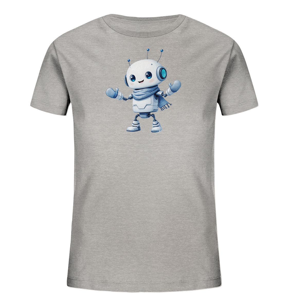Onlineshop Shirts für Kinder - Das Bild zeigt ein graues kurzärmeliges T-Shirt für Kinder. Auf der Vorderseite ist eine niedliche Illustration eines weißen Roboters mit blauen Akzenten zu sehen. Der Roboter hat große blaue Augen, Antennen, trägt einen blauen Schal und blaue Fäustlinge. Er lächelt freundlich und hält die Arme leicht geöffnet, was ihm ein einladendes Aussehen verleiht.
