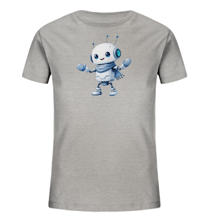 Onlineshop Shirts für Kinder - Das Bild zeigt ein graues kurzärmeliges T-Shirt für Kinder. Auf der Vorderseite ist eine niedliche Illustration eines weißen Roboters mit blauen Akzenten zu sehen. Der Roboter hat große blaue Augen, Antennen, trägt einen blauen Schal und blaue Fäustlinge. Er lächelt freundlich und hält die Arme leicht geöffnet, was ihm ein einladendes Aussehen verleiht.