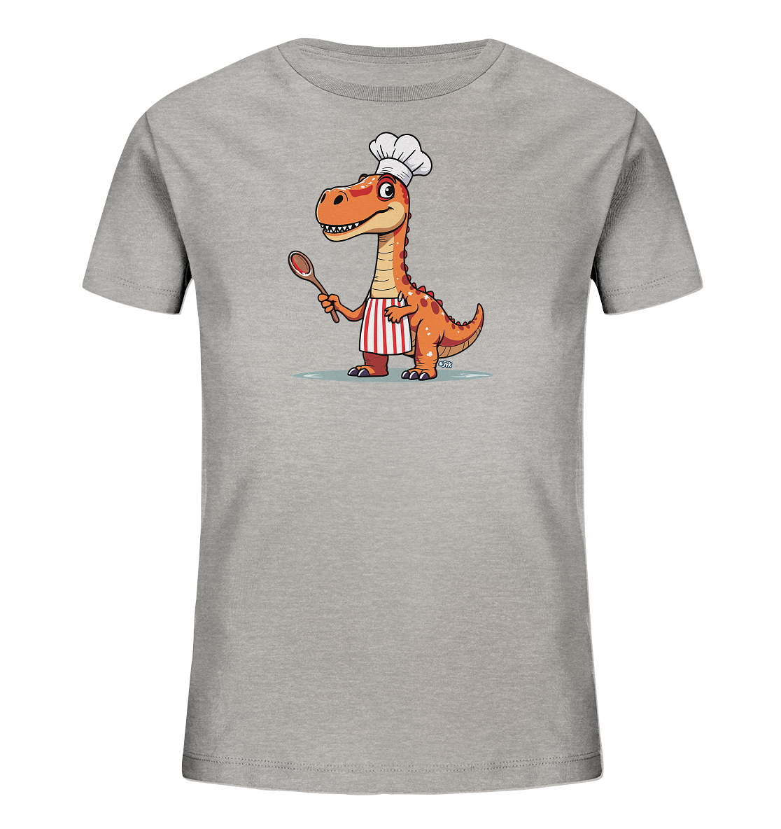 Kinder T-Shirt mit orangefarbenem Dino als Koch