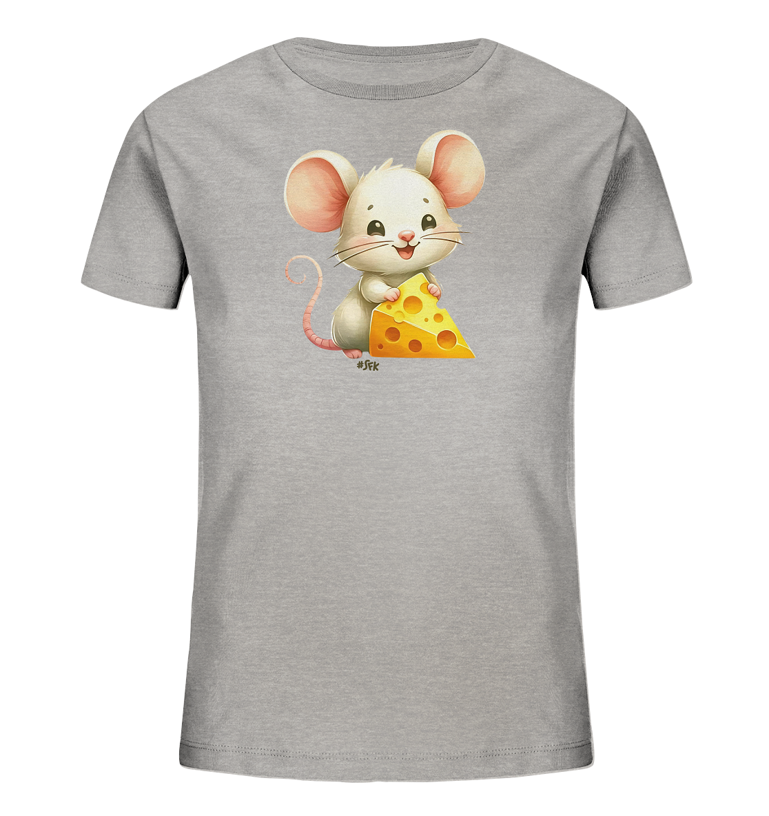 Onlineshop Shirts fuer Kinder - Das Bild zeigt ein hellgraues Kinder-T-Shirt mit einem niedlichen Aufdruck auf der Vorderseite. Der Aufdruck zeigt eine freundliche, weisse Cartoon-Maus mit grossen Ohren. Die Maus haelt ein grosses Stueck gelben Kaese in den Pfoten und laechelt. Das Design ist verspielt und ansprechend gestaltet.
