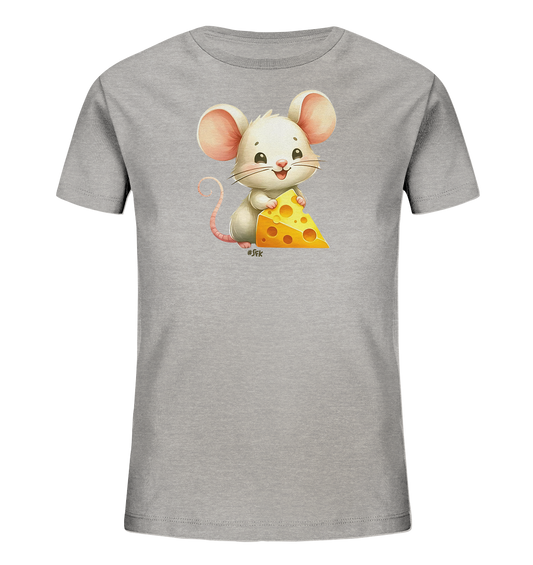 Onlineshop Shirts fuer Kinder - Das Bild zeigt ein hellgraues Kinder-T-Shirt mit einem niedlichen Aufdruck auf der Vorderseite. Der Aufdruck zeigt eine freundliche, weisse Cartoon-Maus mit grossen Ohren. Die Maus haelt ein grosses Stueck gelben Kaese in den Pfoten und laechelt. Das Design ist verspielt und ansprechend gestaltet.