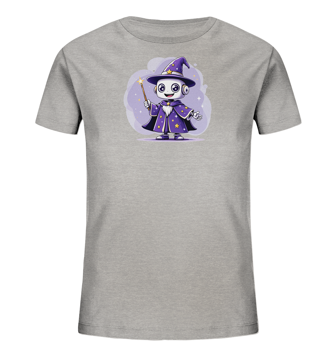 Onlineshop Shirts für Kinder - Das Bild zeigt ein graues Kinder-T-Shirt mit einem frontalen Druck einer niedlichen Roboterfigur. Der Roboter trägt einen spitzen, lila Zauberhut und einen passenden Umhang, der mit gelben Sternen verziert ist. In einer Hand hält der Roboter einen Zauberstab, von dem Sterne ausgehen. Die Figur ist vor einem lilafarbenen, wolkigen Hintergrund mit weiteren Sternen positioniert und verleiht dem Shirt einen fantasievollen Charakter.