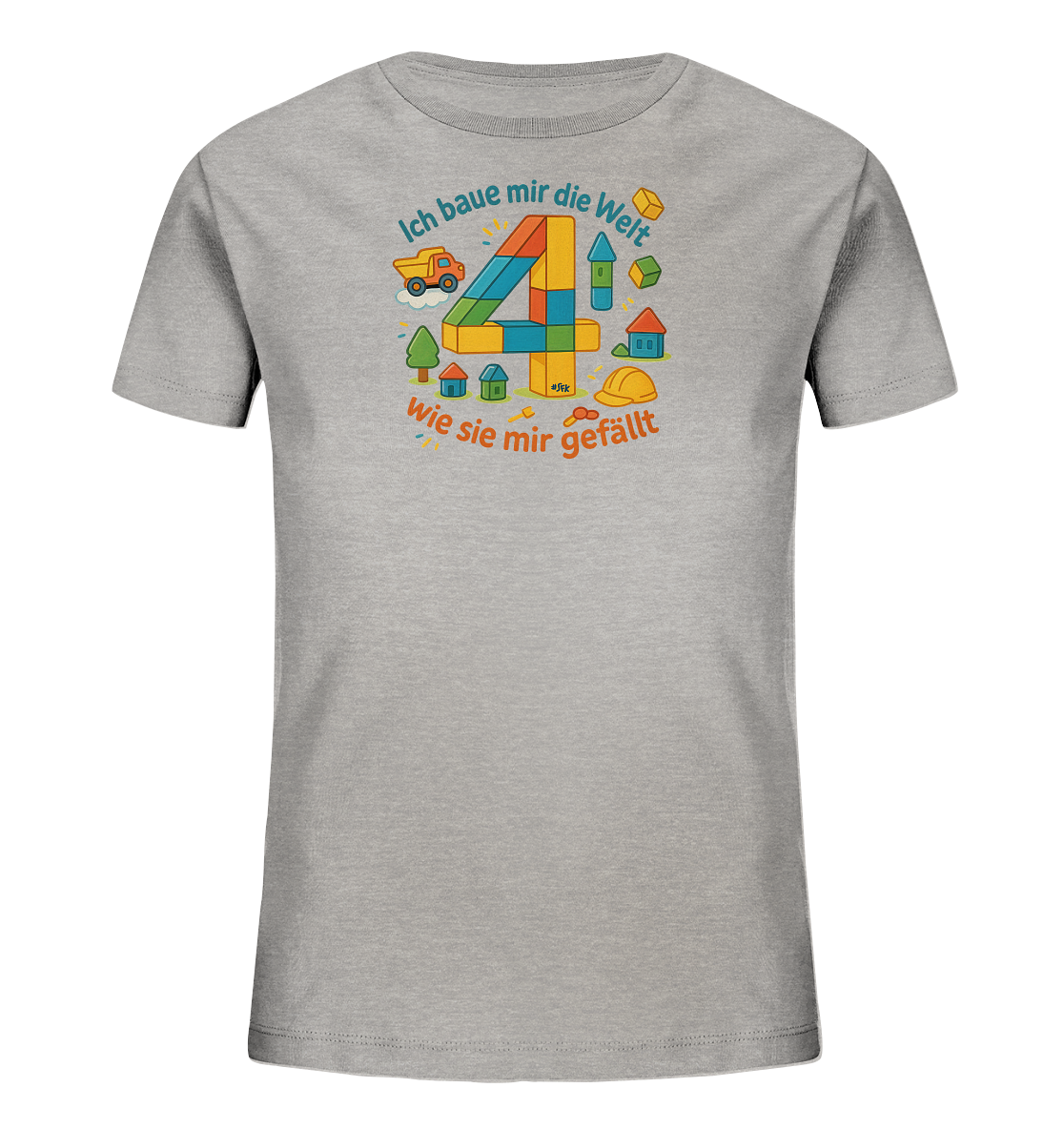 Onlineshop Shirts fuer Kinder - Das Bild zeigt ein hellgraues T-Shirt fuer Kinder mit einem farbenfrohen Aufdruck. Im Mittelpunkt steht eine grosse, aus bunten Bausteinen geformte Zahl '4'. Das Motiv wird ergaenzt durch Illustrationen von Haeusern, Baeumen, einem Baufahrzeug und einem Bauhelm, was ein verspieltes Bauthema darstellt. Oberhalb und unterhalb der Zahl ist ein Satz in Orange platziert, der sich auf das Bauen der Welt bezieht.