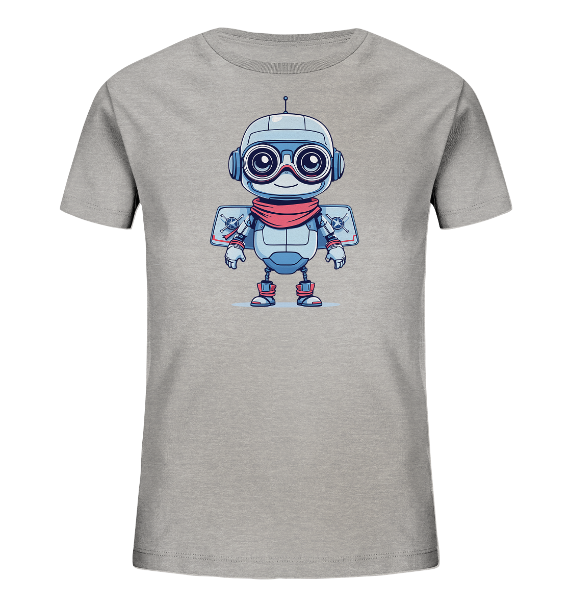 Onlineshop Shirts für Kinder - Das Bild zeigt ein graues Kinder-T-Shirt auf einem neutralen Hintergrund. Auf der Vorderseite des Shirts ist eine Illustration eines freundlich aussehenden Roboters platziert. Der Roboter ist hauptsächlich hellblau und grau, trägt einen roten Schal und hat breite, dunkle Augen. Er verfügt zudem über rückenähnliche Flügelplatten mit einem Kompass- und Totenkopf-Motiv sowie rote Stiefel.