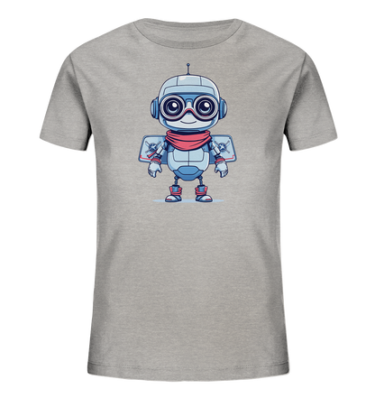 Onlineshop Shirts für Kinder - Das Bild zeigt ein graues Kinder-T-Shirt auf einem neutralen Hintergrund. Auf der Vorderseite des Shirts ist eine Illustration eines freundlich aussehenden Roboters platziert. Der Roboter ist hauptsächlich hellblau und grau, trägt einen roten Schal und hat breite, dunkle Augen. Er verfügt zudem über rückenähnliche Flügelplatten mit einem Kompass- und Totenkopf-Motiv sowie rote Stiefel.