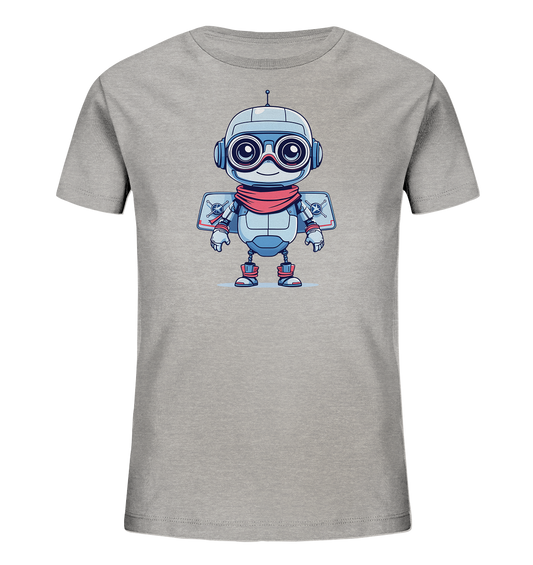 Onlineshop Shirts für Kinder - Das Bild zeigt ein graues Kinder-T-Shirt auf einem neutralen Hintergrund. Auf der Vorderseite des Shirts ist eine Illustration eines freundlich aussehenden Roboters platziert. Der Roboter ist hauptsächlich hellblau und grau, trägt einen roten Schal und hat breite, dunkle Augen. Er verfügt zudem über rückenähnliche Flügelplatten mit einem Kompass- und Totenkopf-Motiv sowie rote Stiefel.