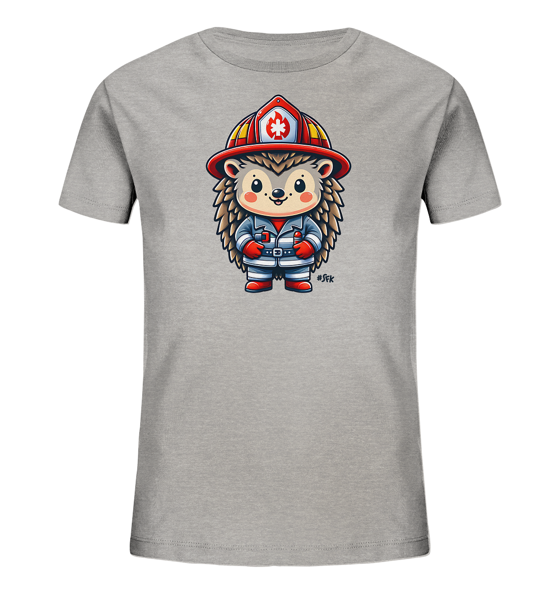 Onlineshop Shirts fuer Kinder - Das Bild zeigt ein graues T-Shirt mit einer niedlichen Comic-Illustration eines Igels. Der Igel ist als Feuerwehrmann gekleidet, mit einem Helm, einer Uniform und Stiefeln. Die Illustration ist detailliert und farbenfroh, mit einem freundlichen Gesichtsausdruck des Igels. Dieses Design verleiht dem Shirt einen verspielten und thematischen Charakter.