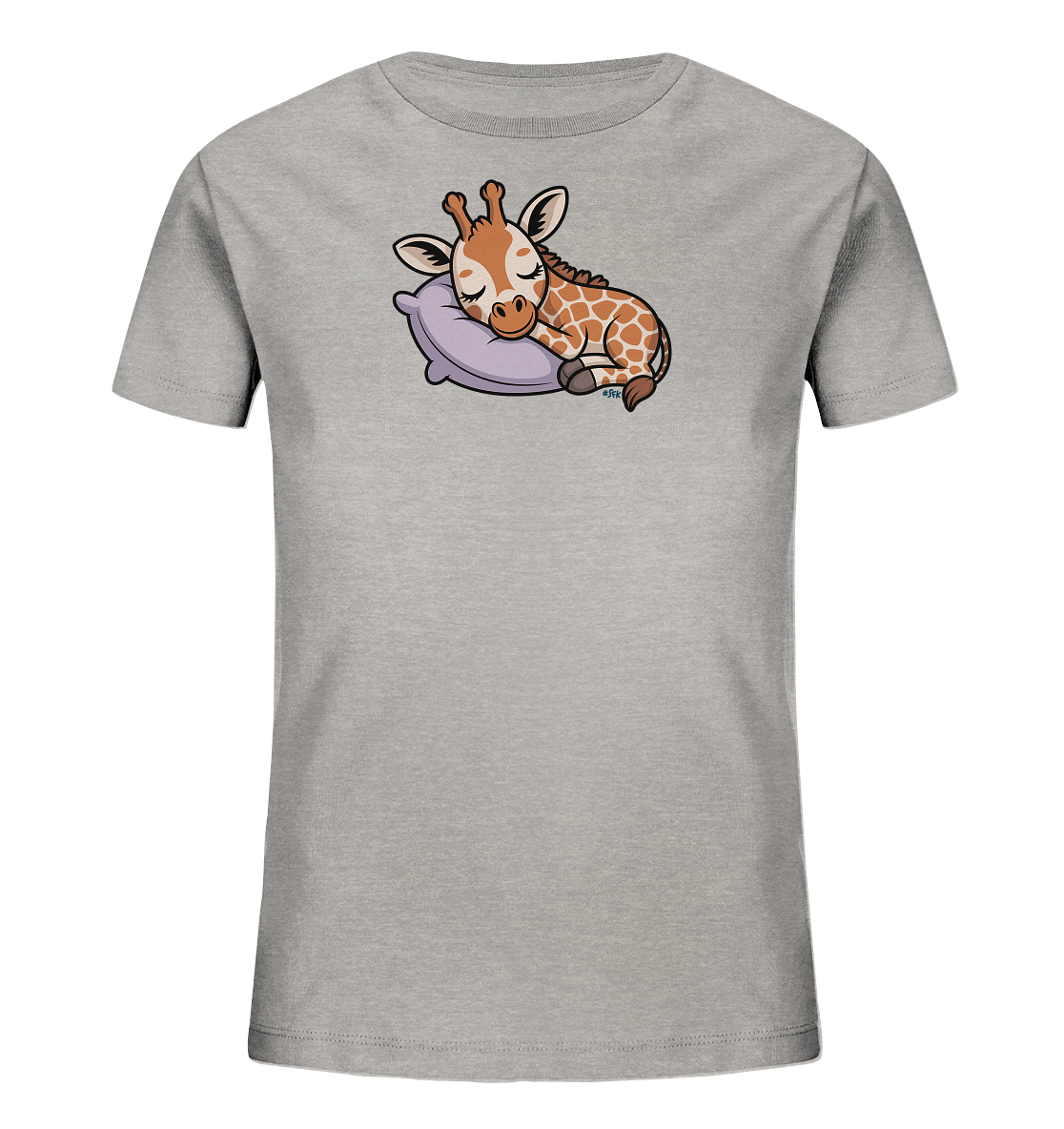 Onlineshop Shirts fuer Kinder - Das Bild zeigt ein hellgraues Kinder-T-Shirt. Auf der Vorderseite ist eine schlafende Baby-Giraffe auf einem lilafarbenen Kissen abgebildet. Die Giraffe hat geschlossene Augen und wirkt friedlich. Das verspielte Design ist kinderfreundlich und zentriert auf dem Oberteil platziert.