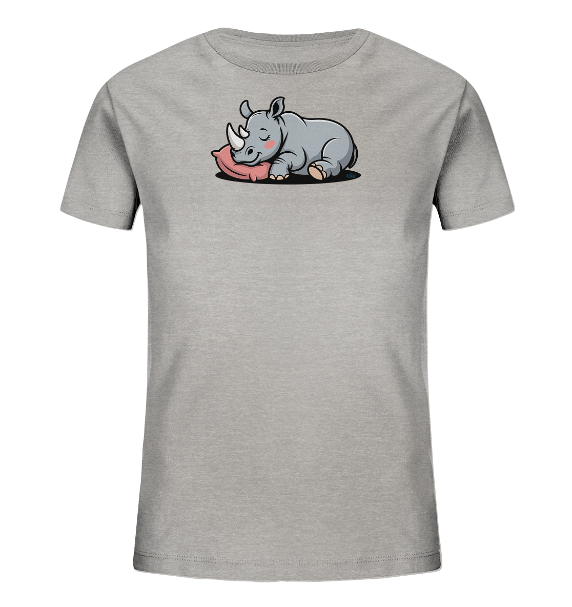 Onlineshop Shirts fuer Kinder - Das Bild zeigt ein hellgraues Kinder-T-Shirt mit einem niedlichen Tiermotiv auf der Vorderseite. Es ist ein Cartoon-Nashorn abgebildet, das friedlich auf einem rosafarbenen Kissen schlaeft. Das Design wirkt ruhig und ansprechend, ideal fuer Kinder. Die Farben sind sanft und harmonisch.