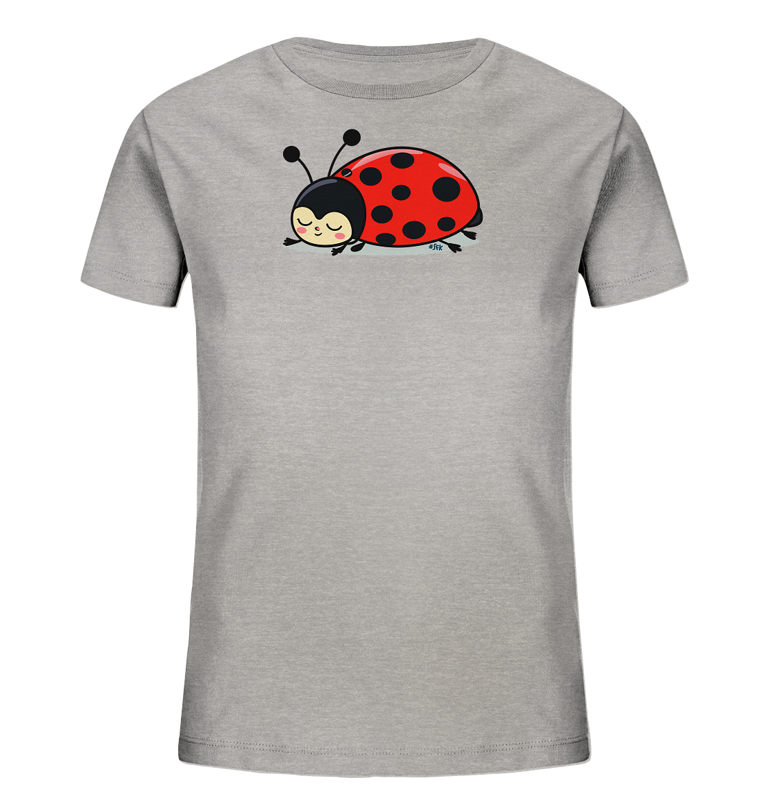 Onlineshop Shirts fuer Kinder - Das Bild zeigt ein hellgraues Kinder-T-Shirt mit einem niedlichen Marienkaefer-Motiv auf der Vorderseite. Der Marienkaefer ist rot mit schwarzen Punkten und hat einen schwarzen Kopf mit Fuehlern. Er liegt schlafend oder ruhend da, mit geschlossenen Augen und einem sanften Laecheln. Dieses Motiv verleiht dem Shirt einen verspielten und friedlichen Charakter.