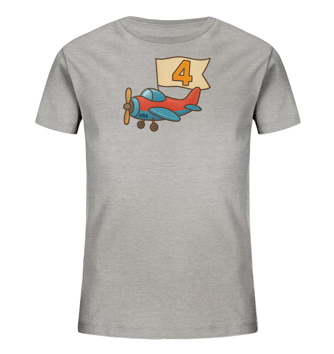 Onlineshop Shirts fuer Kinder - Das Bild zeigt ein hellgraues T-Shirt mit einer farbigen Illustration eines Flugzeugs auf der Vorderseite. Ein rotes Flugzeug mit blauen Fluegeln ist abgebildet. Über dem Flugzeug befindet sich ein beiges Banner mit der orangefarbenen Zahl '4'. Das Design wirkt verspielt und ansprechend.