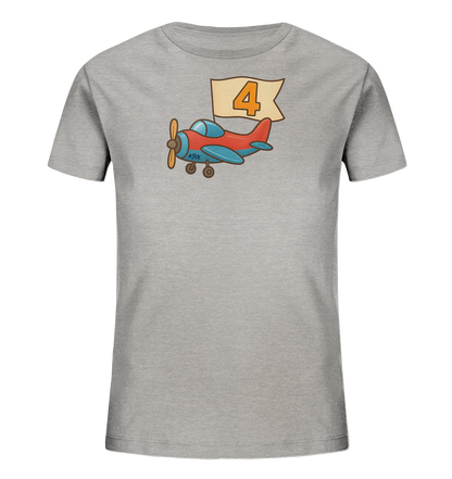 Kinder T-Shirt mit rotem und blauem Flugzeug, Banner und Zahl 4