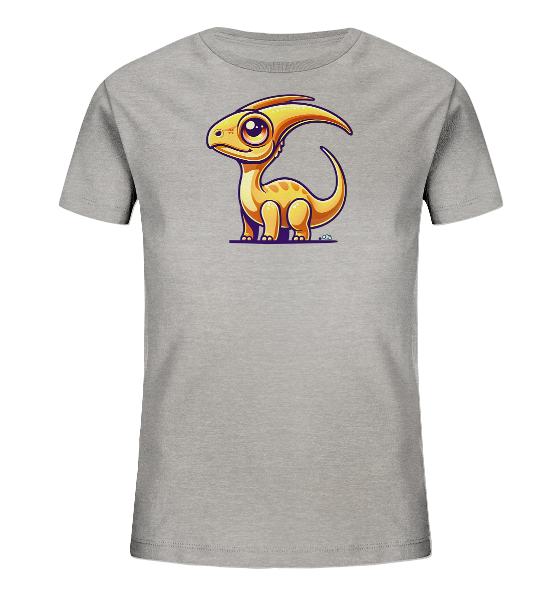 Onlineshop Shirts fuer Kinder - Das Bild zeigt ein graues T-Shirt fuer Kinder mit einem niedlichen, cartoonartigen Dinosaurier auf der Vorderseite. Der kleine Dinosaurier ist gelblich-orange gefaerbt, hat grosse Augen und einen markanten Kopfkamm. Die Illustration wirkt verspielt und kindgerecht. Das Design ist mittig auf dem Shirt platziert.