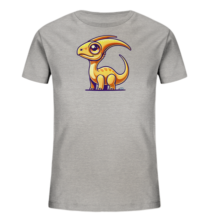 Onlineshop Shirts fuer Kinder - Das Bild zeigt ein graues T-Shirt fuer Kinder mit einem niedlichen, cartoonartigen Dinosaurier auf der Vorderseite. Der kleine Dinosaurier ist gelblich-orange gefaerbt, hat grosse Augen und einen markanten Kopfkamm. Die Illustration wirkt verspielt und kindgerecht. Das Design ist mittig auf dem Shirt platziert.