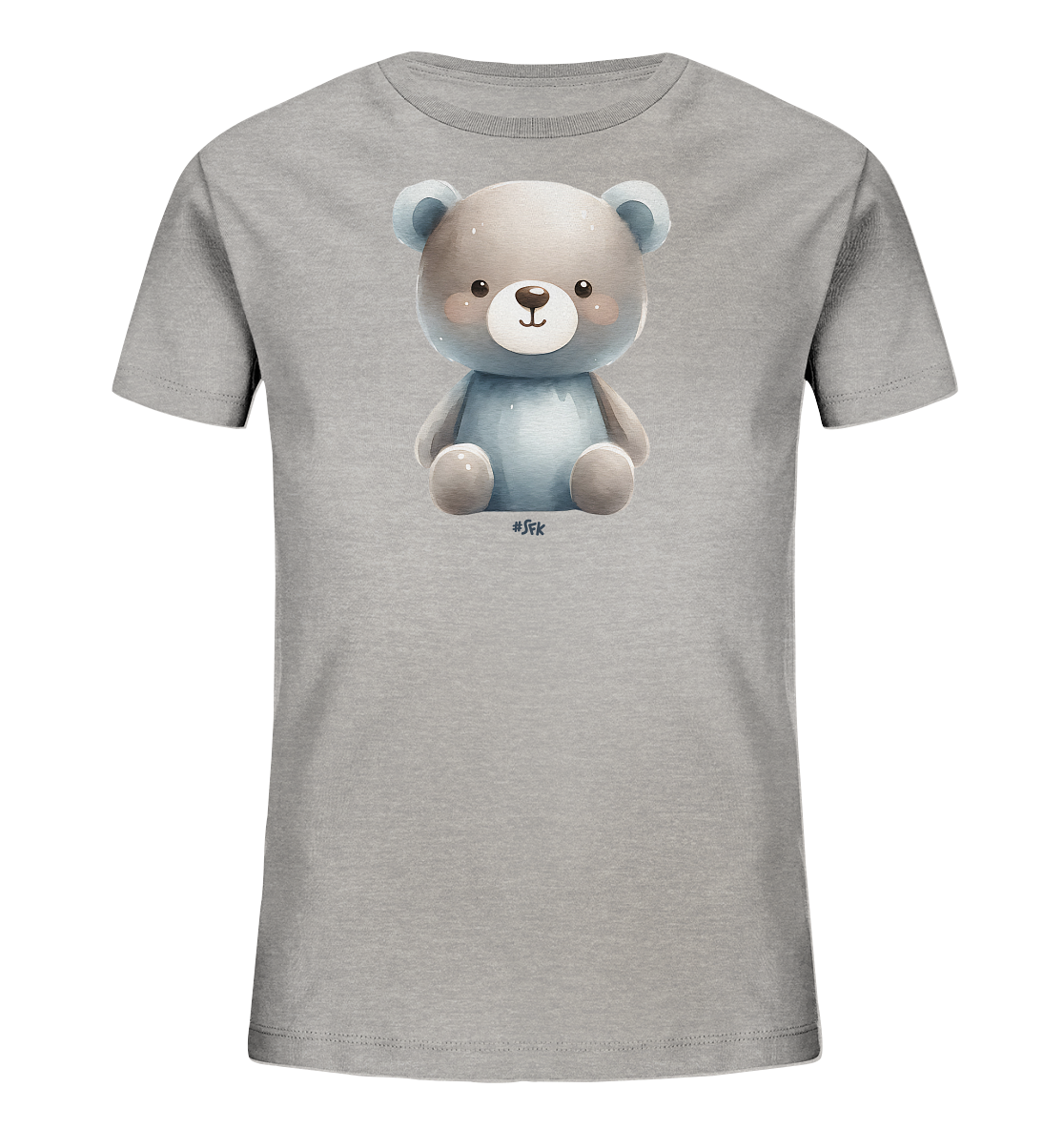 Onlineshop Shirts fuer Kinder - Das Bild zeigt ein graues Kinder-T-Shirt mit einem niedlichen, sitzenden Baerenmotiv auf der Vorderseite. Der Baer hat braunes Kopf- und blaues Koerperfell, grosse blaue Ohren und ein freundliches Laecheln. Er ist in einem weichen, kuenstlerischen Stil dargestellt, der dem Shirt einen verspielten Look verleiht.