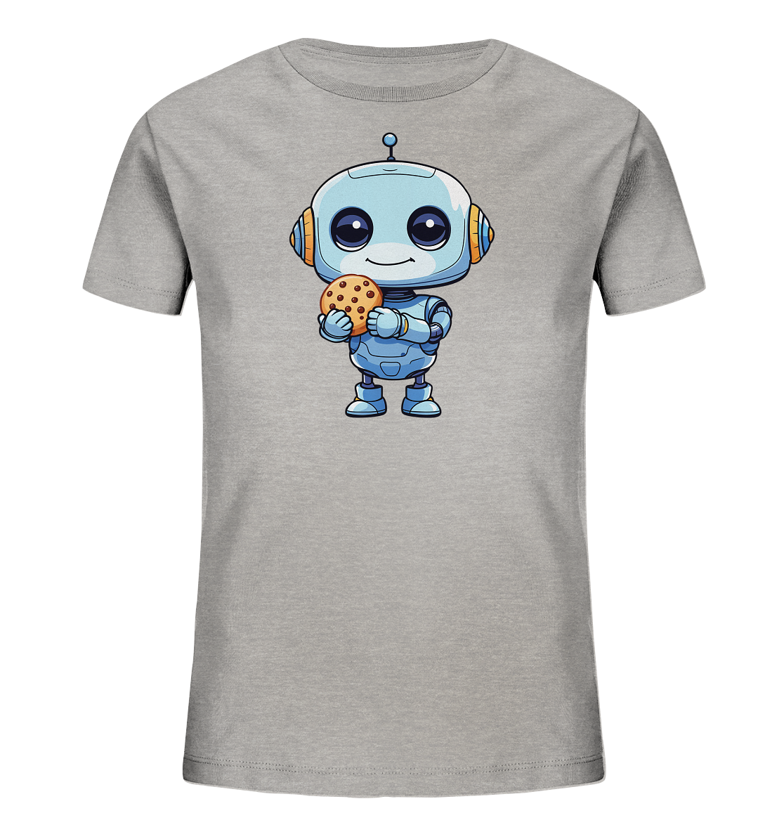 Onlineshop Shirts für Kinder - Das Bild zeigt ein graues T-Shirt für Kinder mit einem freundlichen Roboter-Motiv auf der Vorderseite. Der Roboter ist hellblau gestaltet, hat große Augen und trägt orange-blaue Kopfhörer. Er hält einen großen Schokoladenchip-Keks in seinen Händen und lächelt. Das Design wirkt verspielt und ansprechend für ein Kinder-Shirt.