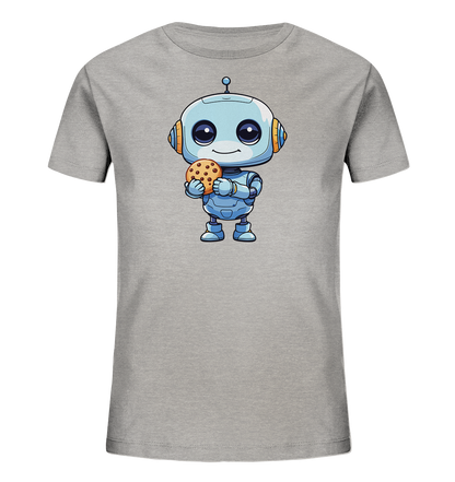 Onlineshop Shirts für Kinder - Das Bild zeigt ein graues T-Shirt für Kinder mit einem freundlichen Roboter-Motiv auf der Vorderseite. Der Roboter ist hellblau gestaltet, hat große Augen und trägt orange-blaue Kopfhörer. Er hält einen großen Schokoladenchip-Keks in seinen Händen und lächelt. Das Design wirkt verspielt und ansprechend für ein Kinder-Shirt.