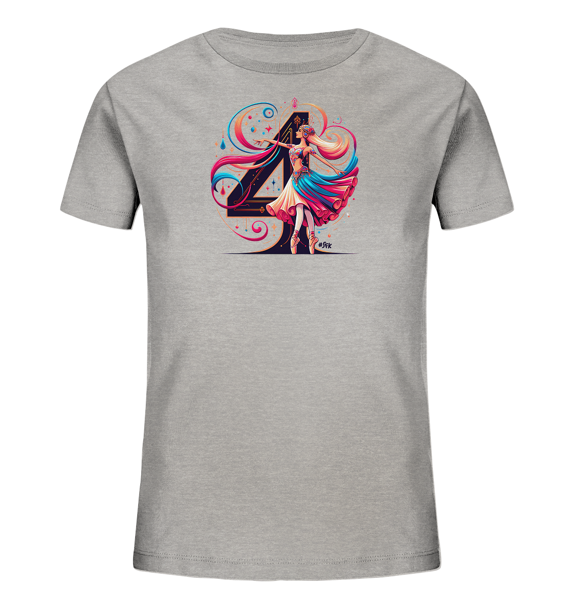Onlineshop Shirts fuer Kinder - Das Bild zeigt ein graues Kinder-T-Shirt mit einem auffaelligen Design, das die grosse Zahl '4' und eine tanzende Ballerina darstellt. Die Ballerina traegt ein farbenfrohes Kleid und steht auf Spitzenschuhen vor der grafisch gestalteten Zahl. Um das Motiv herum sind schwungvolle Linien und bunte Punkte angeordnet, die dem Design Dynamik verleihen. Die Darstellung wirkt sehr kuenstlerisch und farbenfroh.